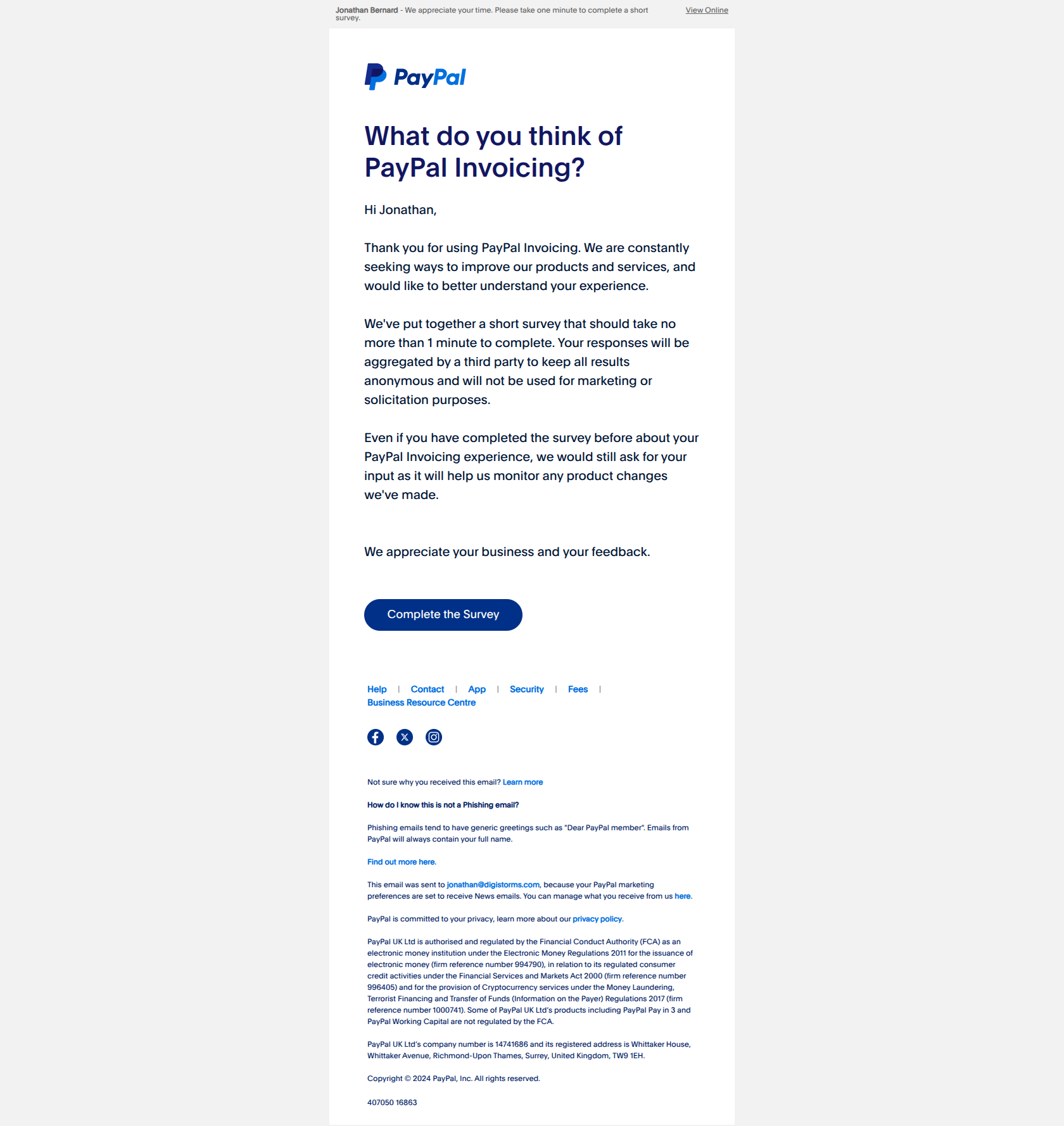 Tell us what you think about PayPal Invoicing. — email screenshot from Paypal