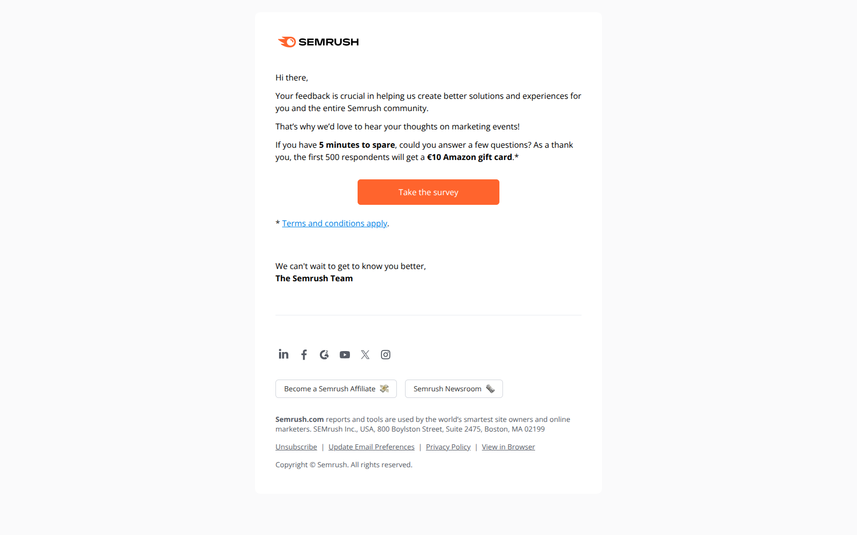 Share your thoughts on events and earn a gift card — email screenshot from SemRush