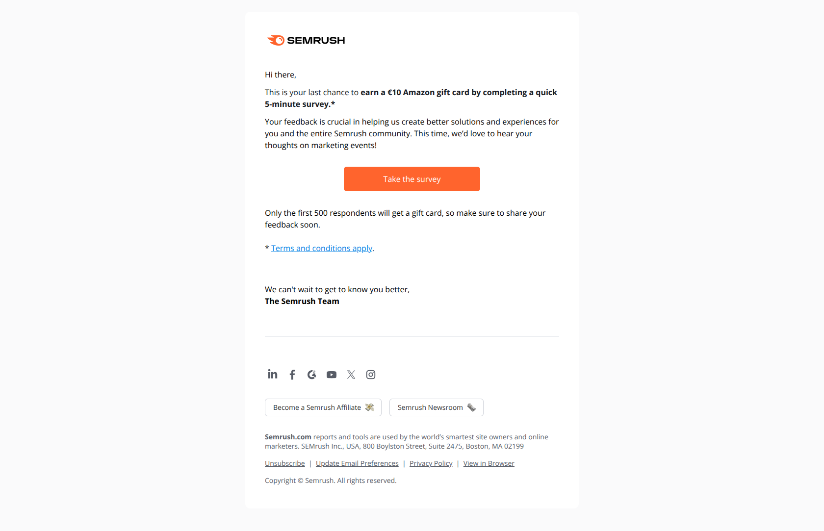 Don’t miss your chance to earn a gift card — email screenshot from SemRush