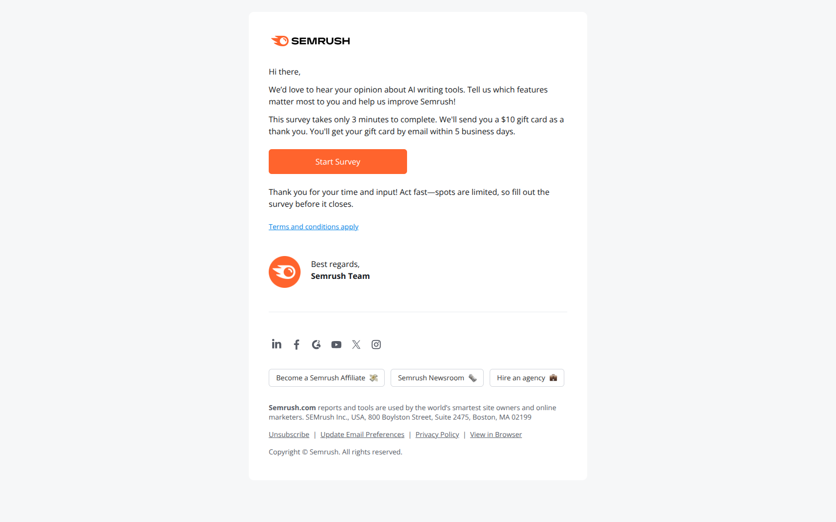 Using AI for marketing? Share your thoughts with us. — email screenshot from SemRush