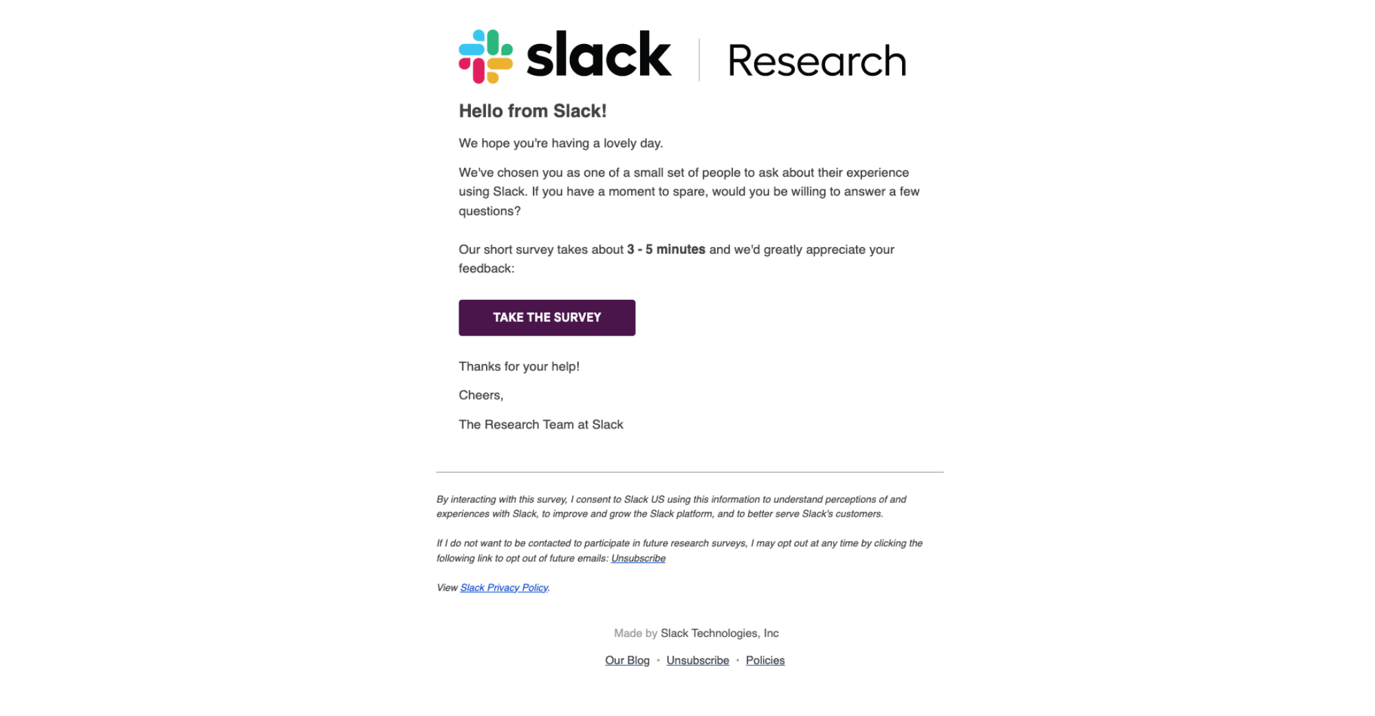 Chance to provide feedback and help us improve your experience of Slack! — email screenshot from Slack