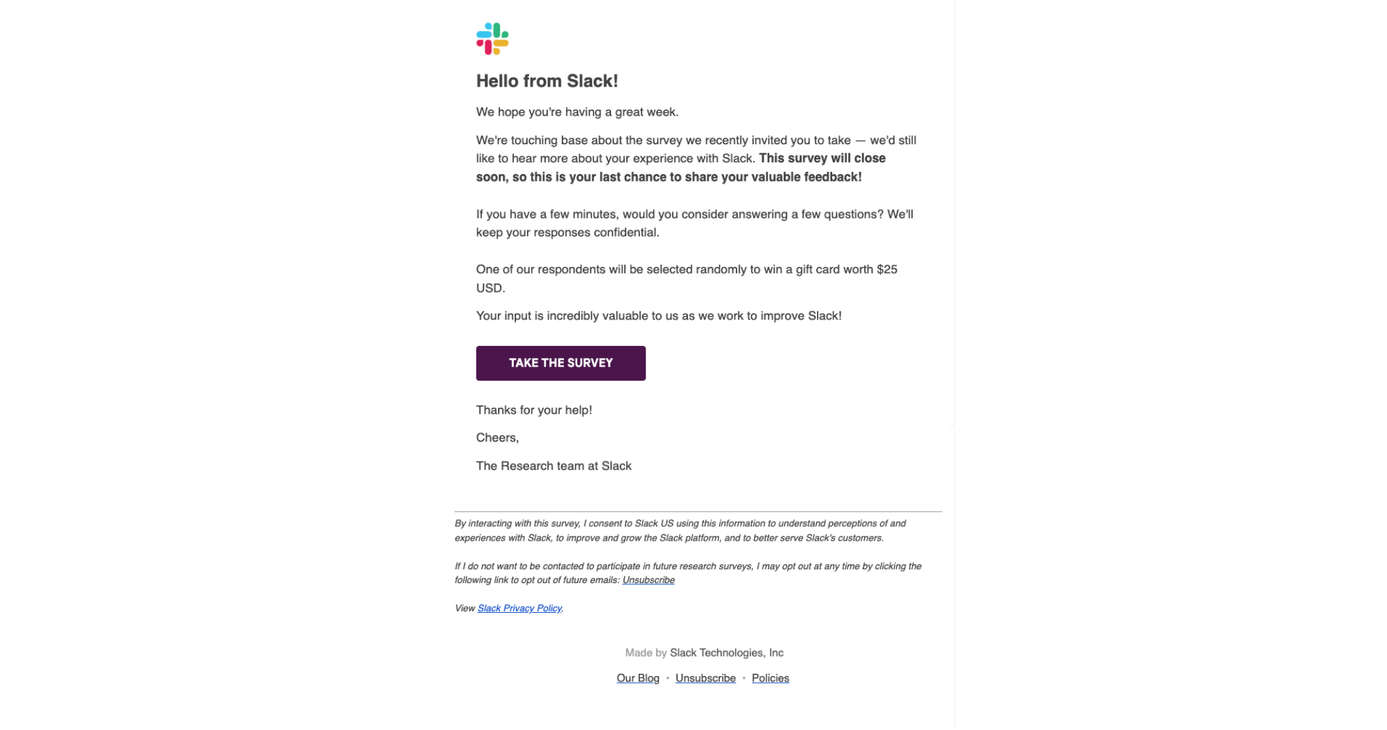 Reminder: Chance to provide feedback and help us improve your experience of Slack! — email screenshot from Slack