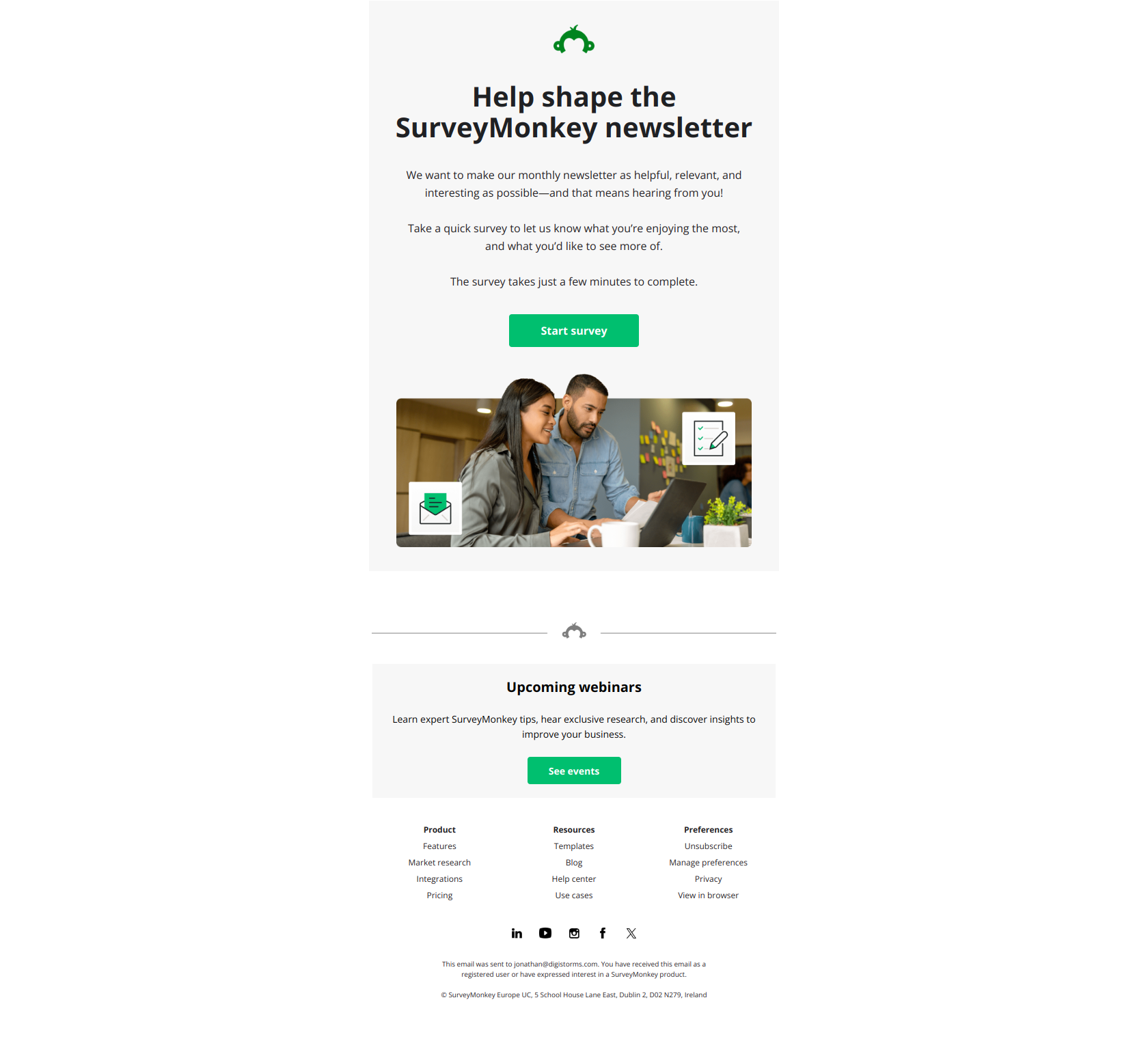 Share feedback on our newsletter — email screenshot from SurveyMonkey