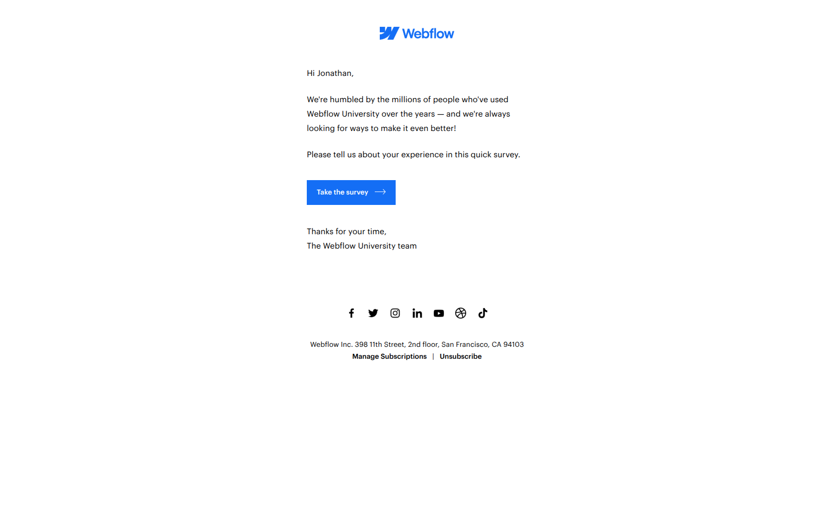 Webflow University: Tell us what you think! — email screenshot from Webflow