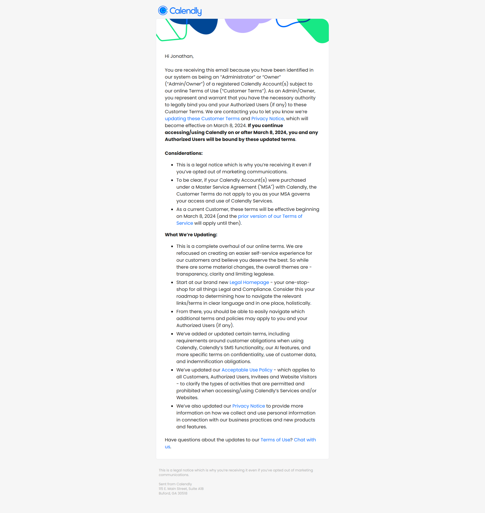 Updates to our Terms of Use — email screenshot from Calendly