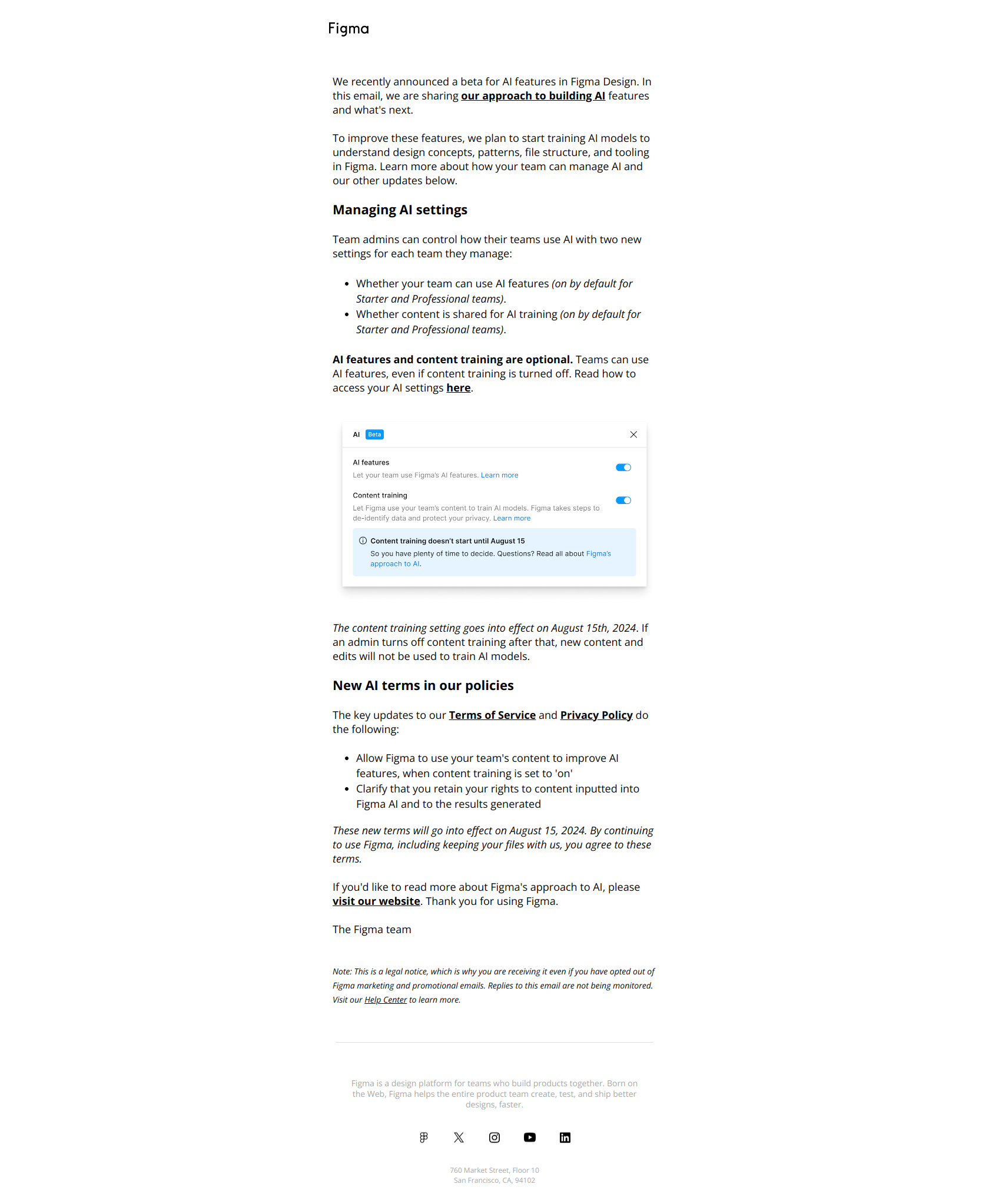 Updates to our terms for AI — email screenshot from Figma