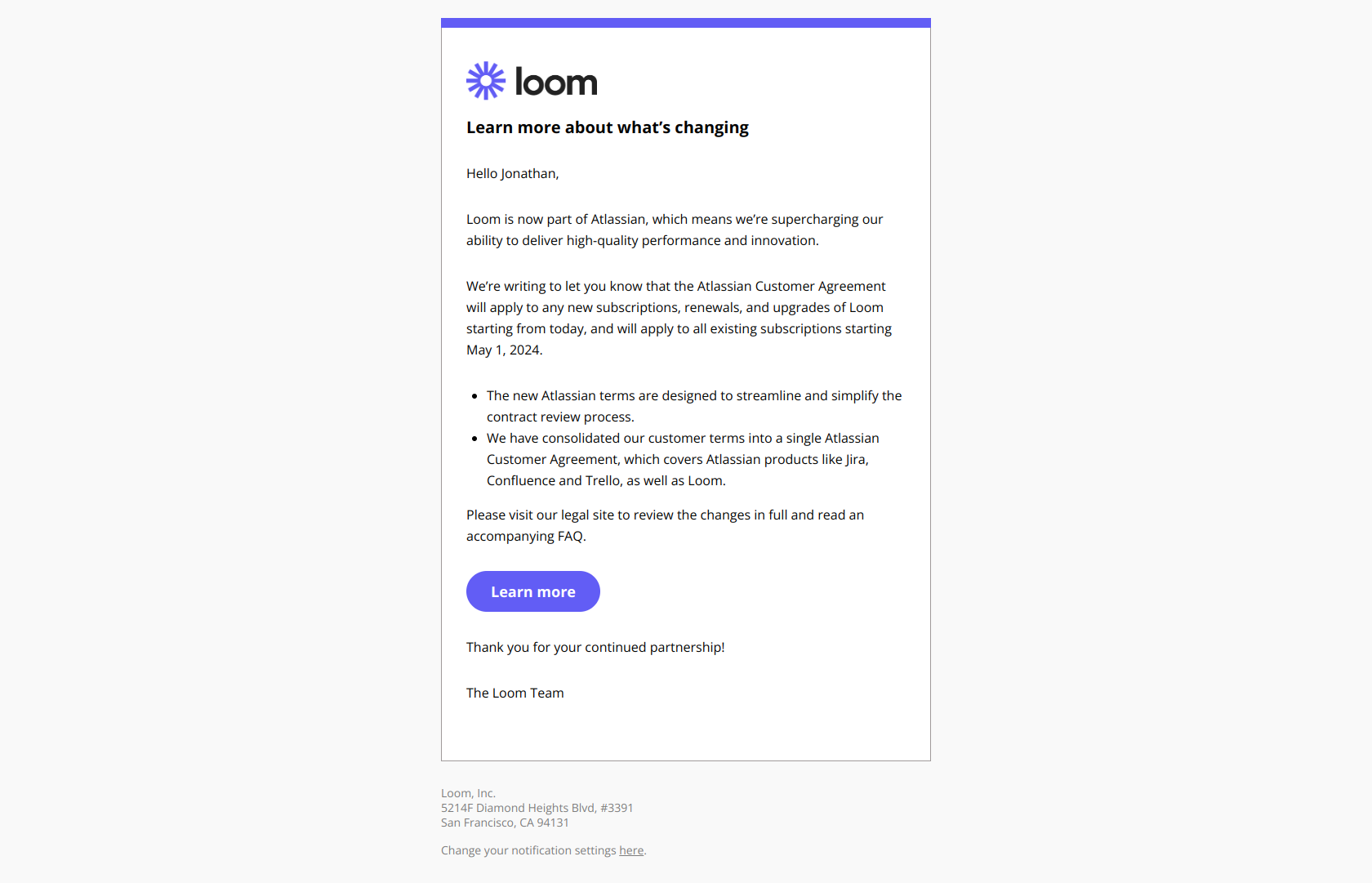 We're updating our Customer Agreement — email screenshot from Loom