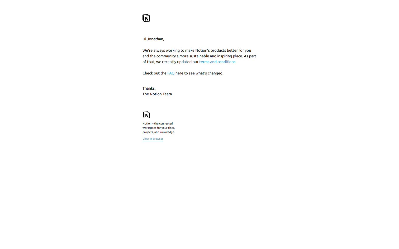 Notion has updated its terms and conditions — email screenshot from Notion