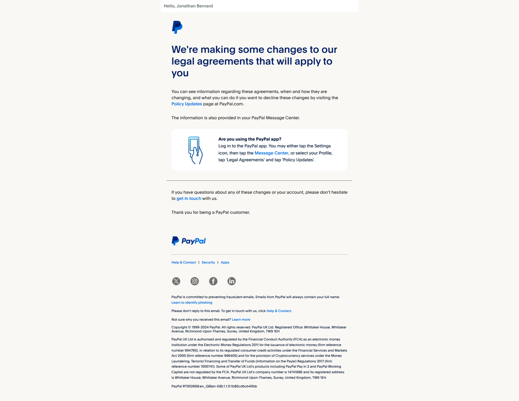 We're making some changes to our PayPal legal agreements — email screenshot from Paypal