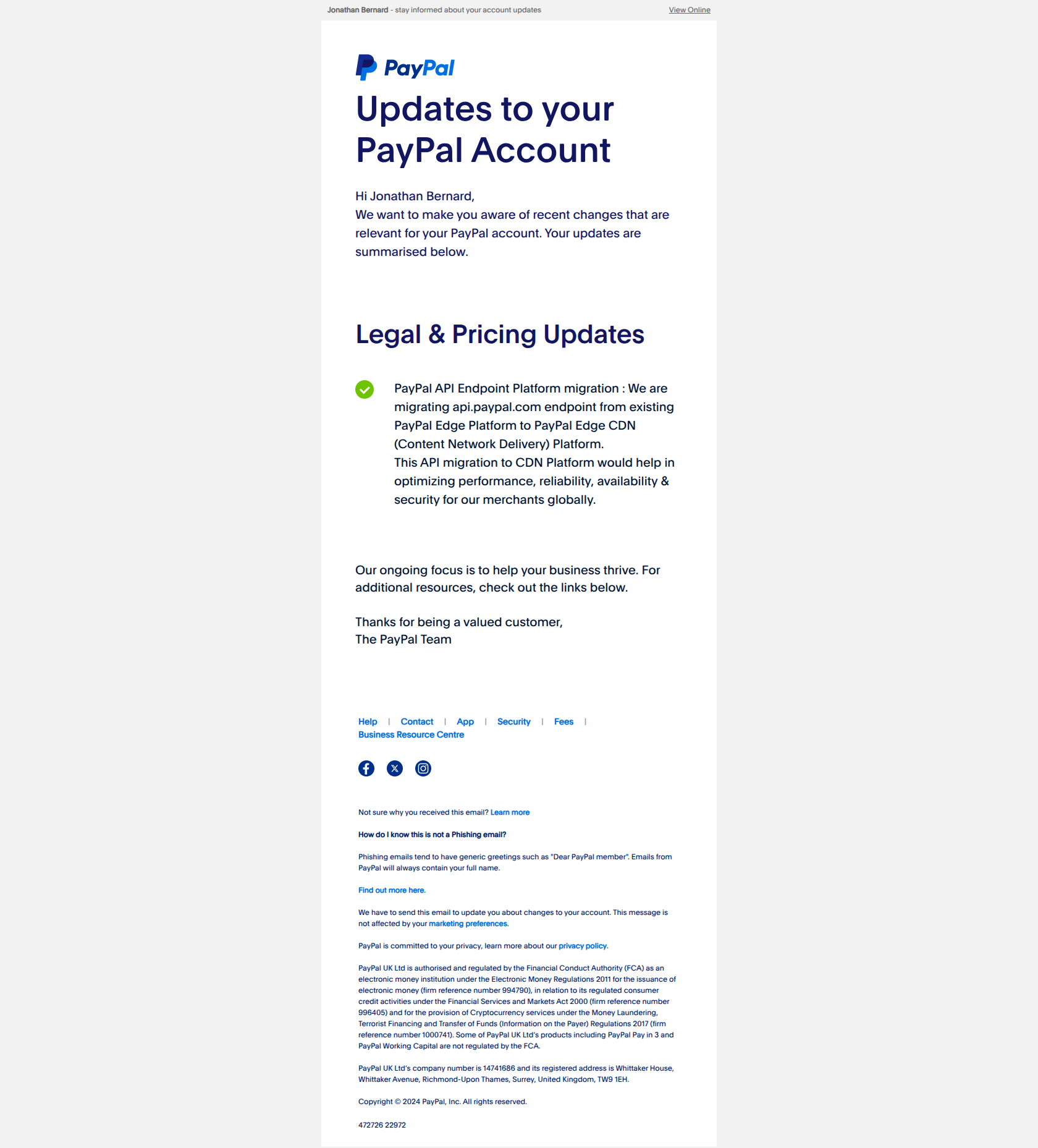 View updates to your PayPal account — email screenshot from Paypal
