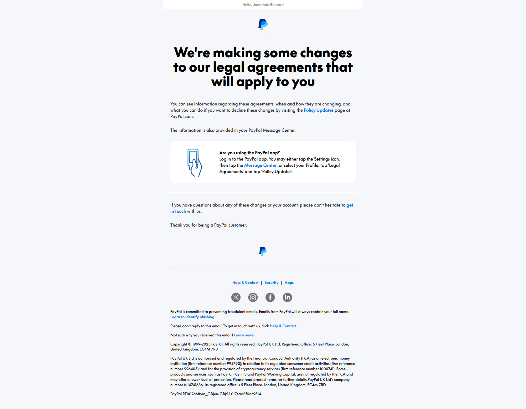 We're making some changes to our PayPal legal agreements — email screenshot from Paypal