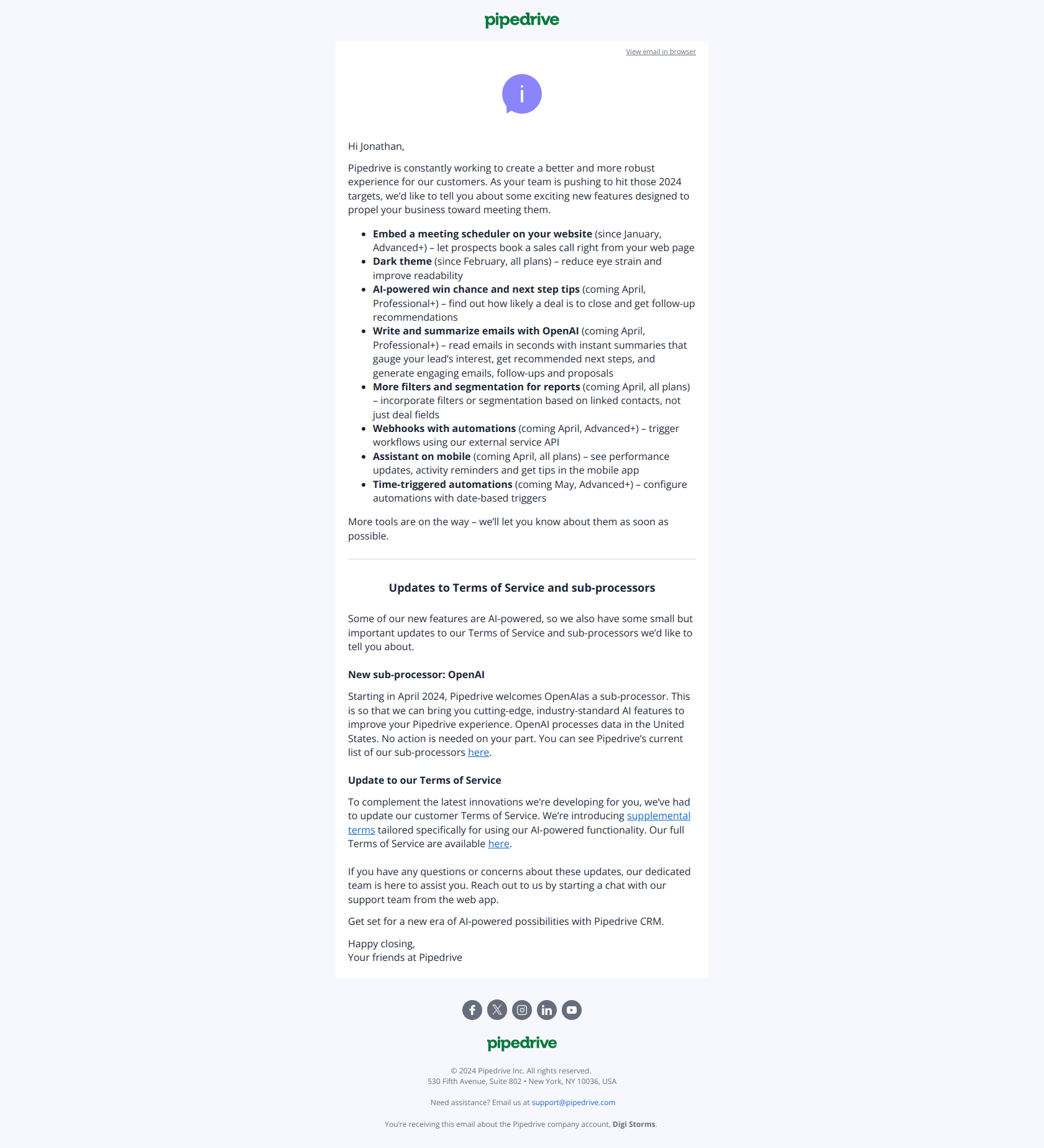 A next-gen CRM for sales success (plus terms updates) — email screenshot from Pipedrive
