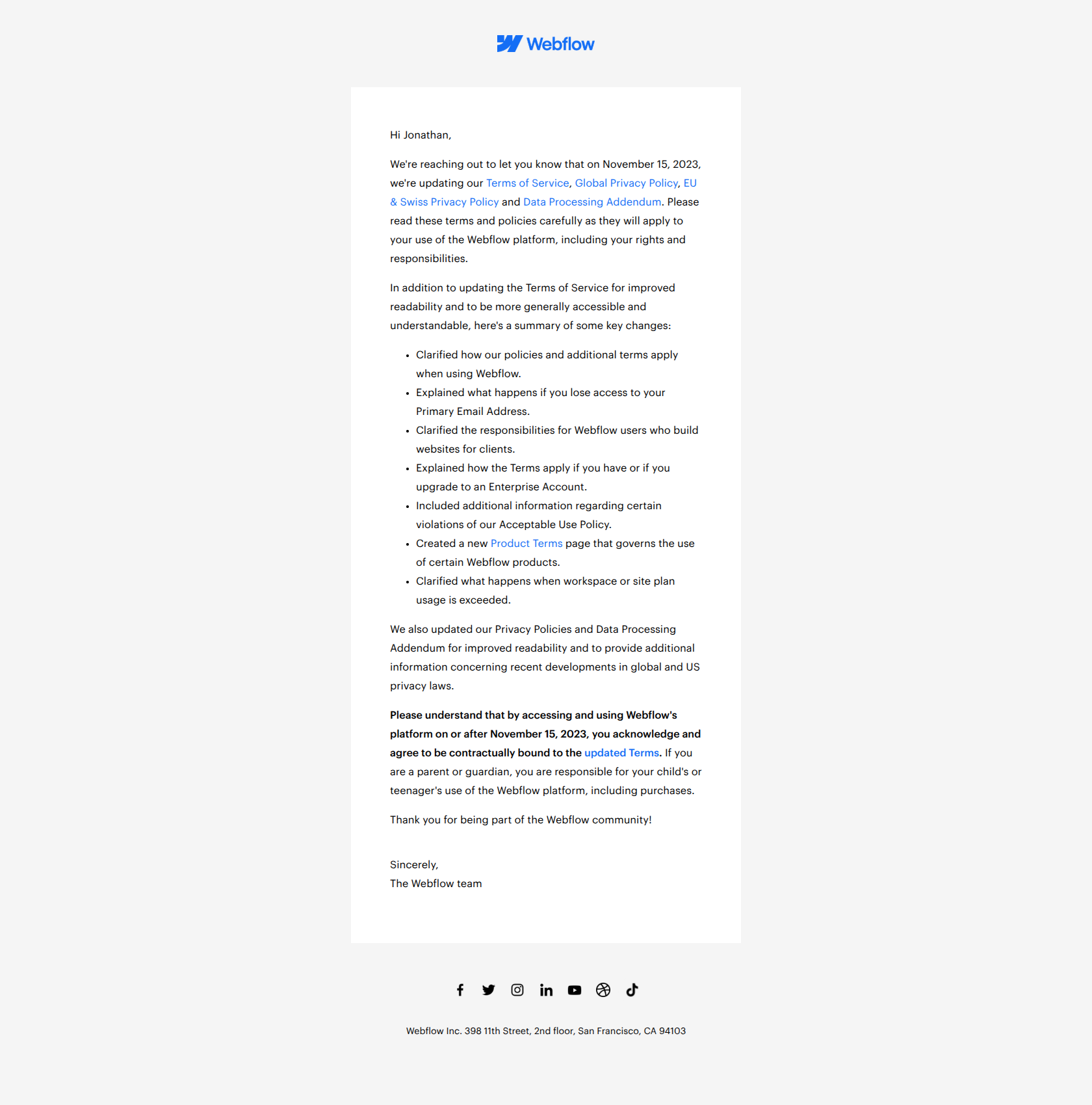 Important: Upcoming changes to our online Terms of Service — email screenshot from Webflow