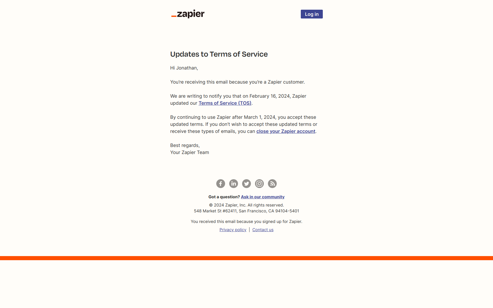 Updates to Zapier’s Terms of Service — email screenshot from Zapier