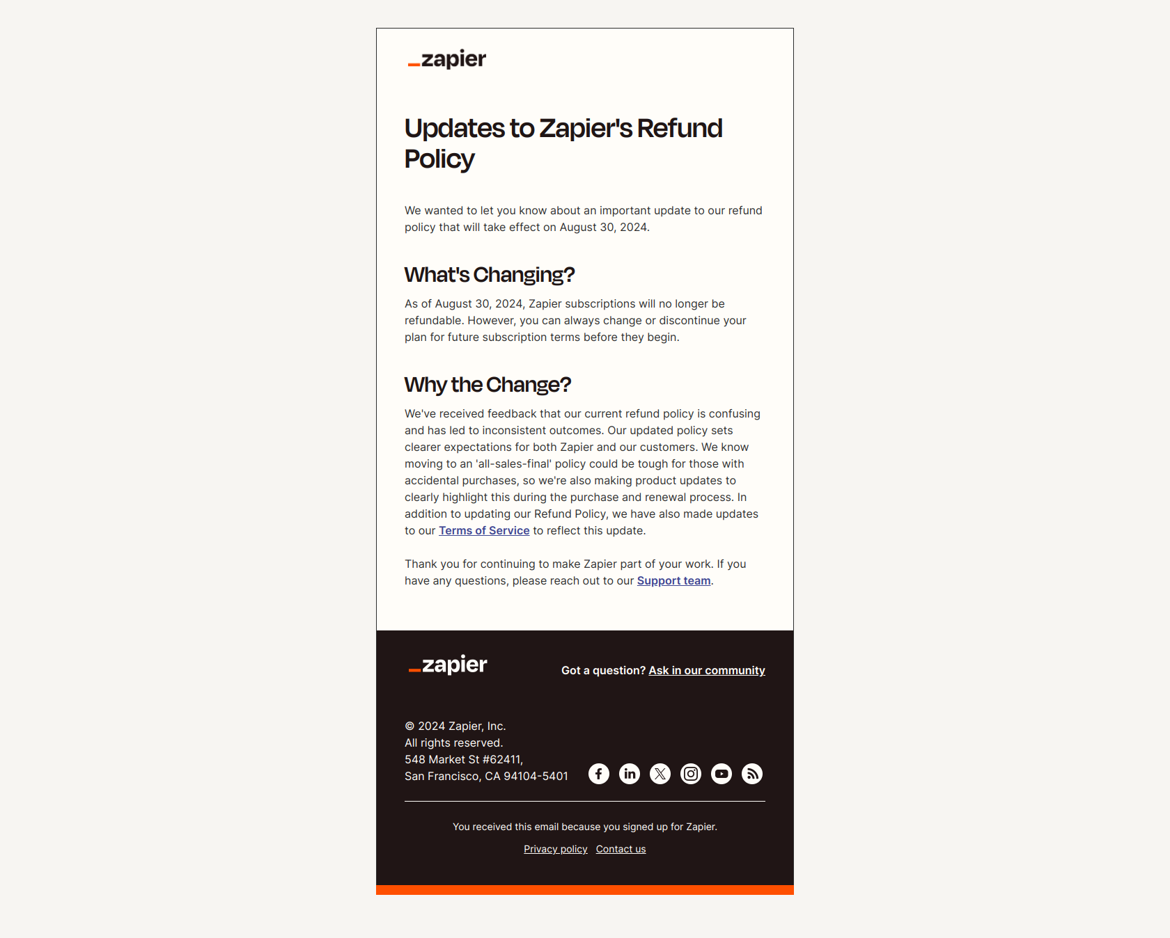 [Important Update] Upcoming Changes to the Zapier Refund Policy — email screenshot from Zapier
