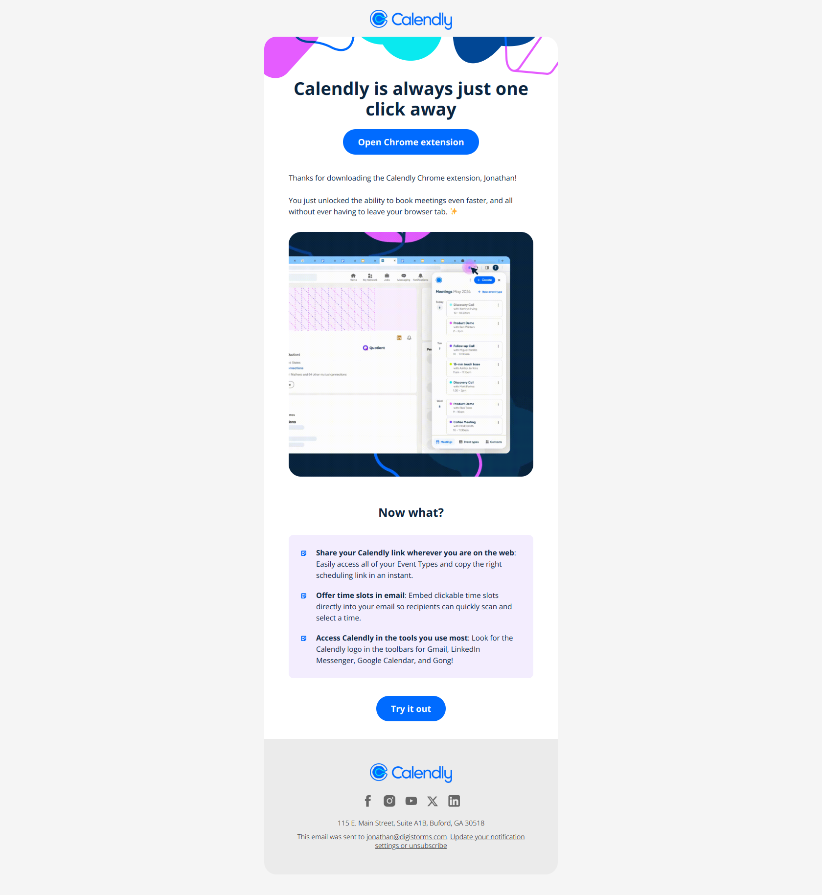 Jonathan + the Calendly  Chrome  extension = the perfect match ❤️ — email screenshot from Calendly