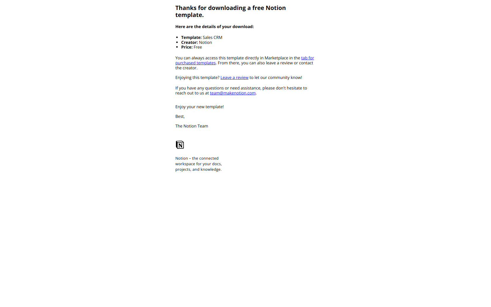You’ve downloaded Sales CRM from Notion — email screenshot from Notion