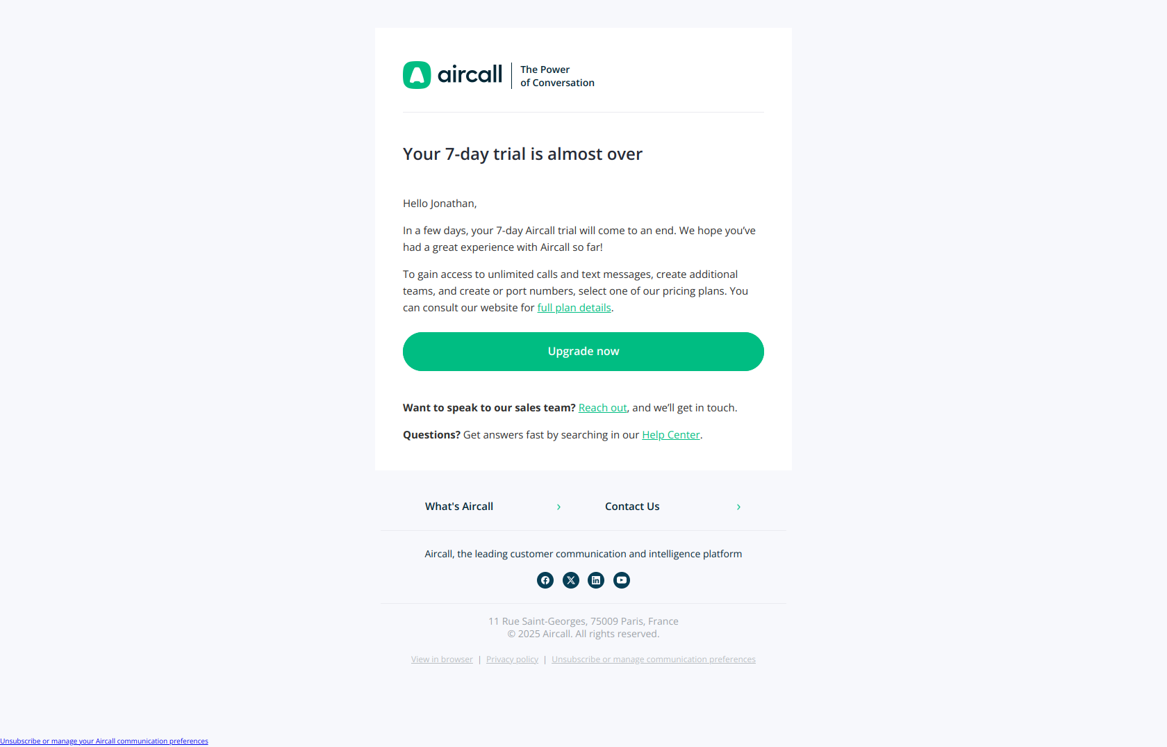 Jonathan, your Aircall trial is almost over — email screenshot from Aircall