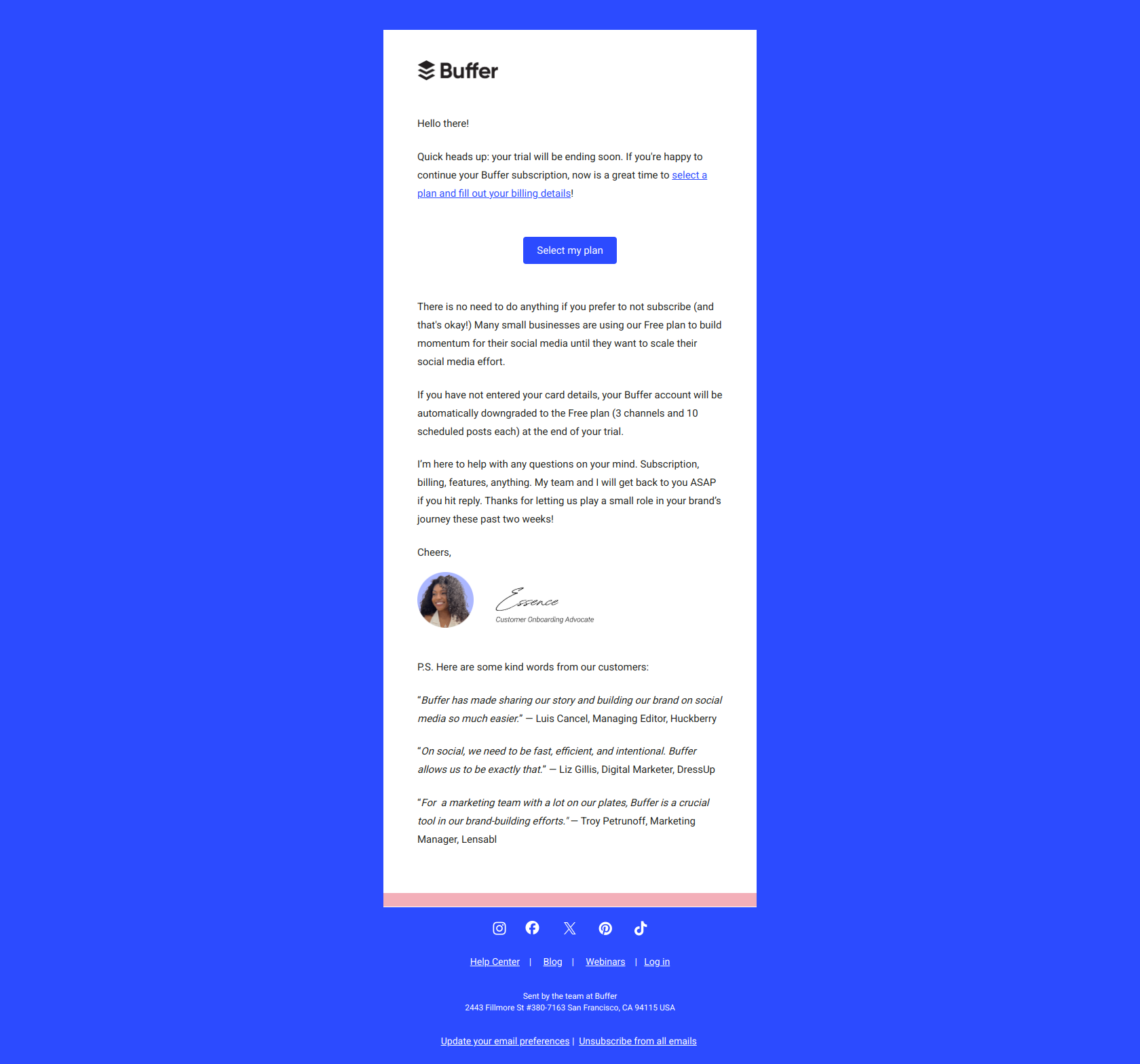 Last 3 days of your trial — email screenshot from Buffer