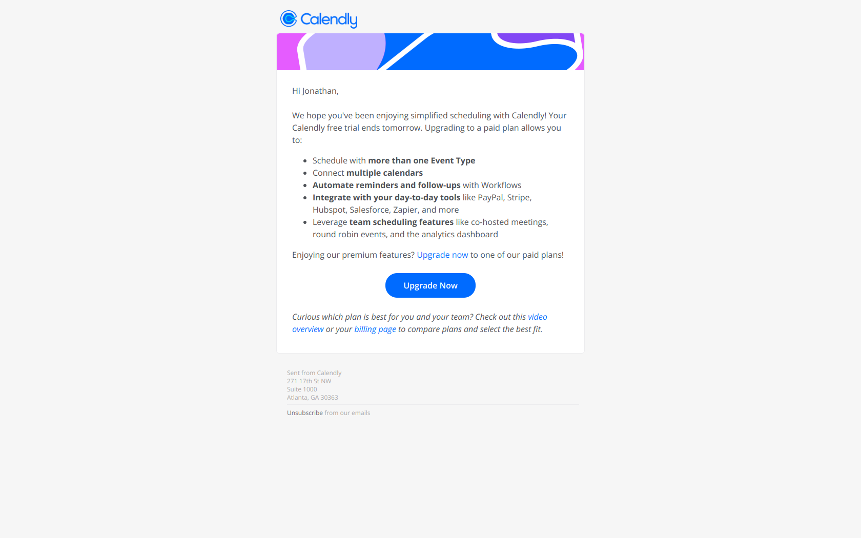 Jonathan, your Calendly Teams Trial ends tomorrow! — email screenshot from Calendly