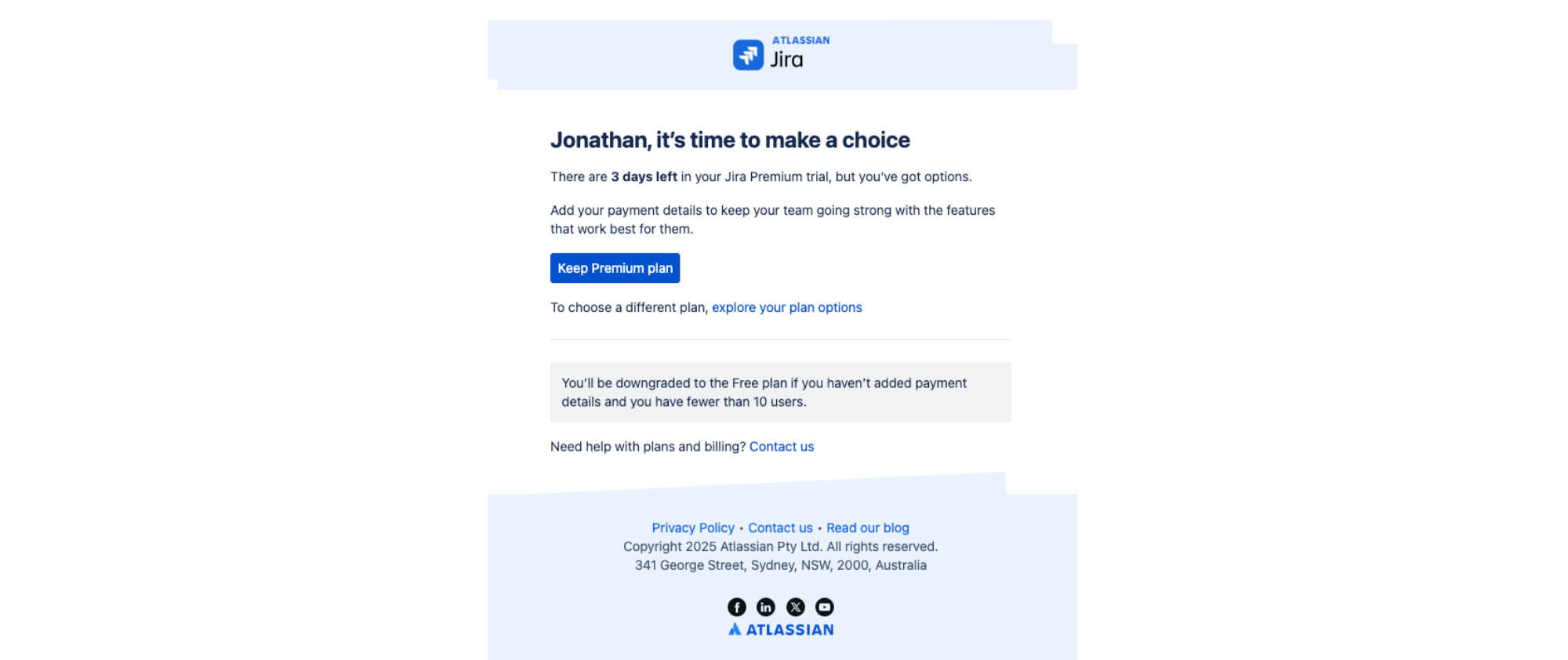 Keep your Jira plan — email screenshot from Jira