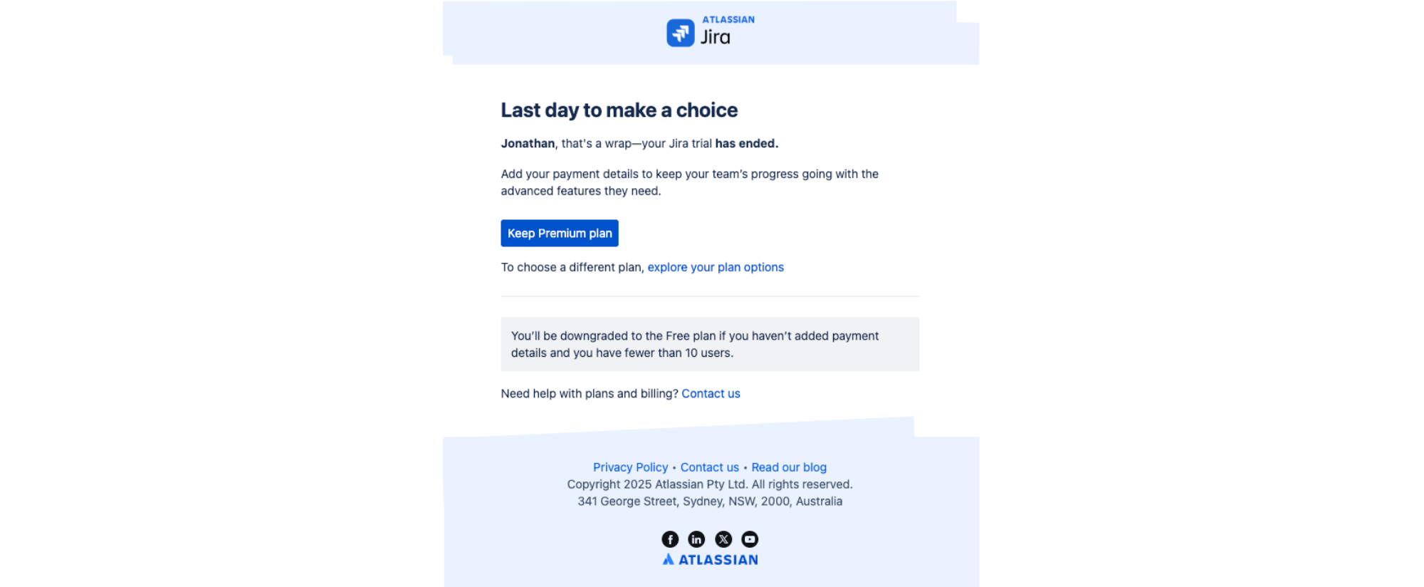 Your trial ends today! Keep your Jira plan — email screenshot from Jira