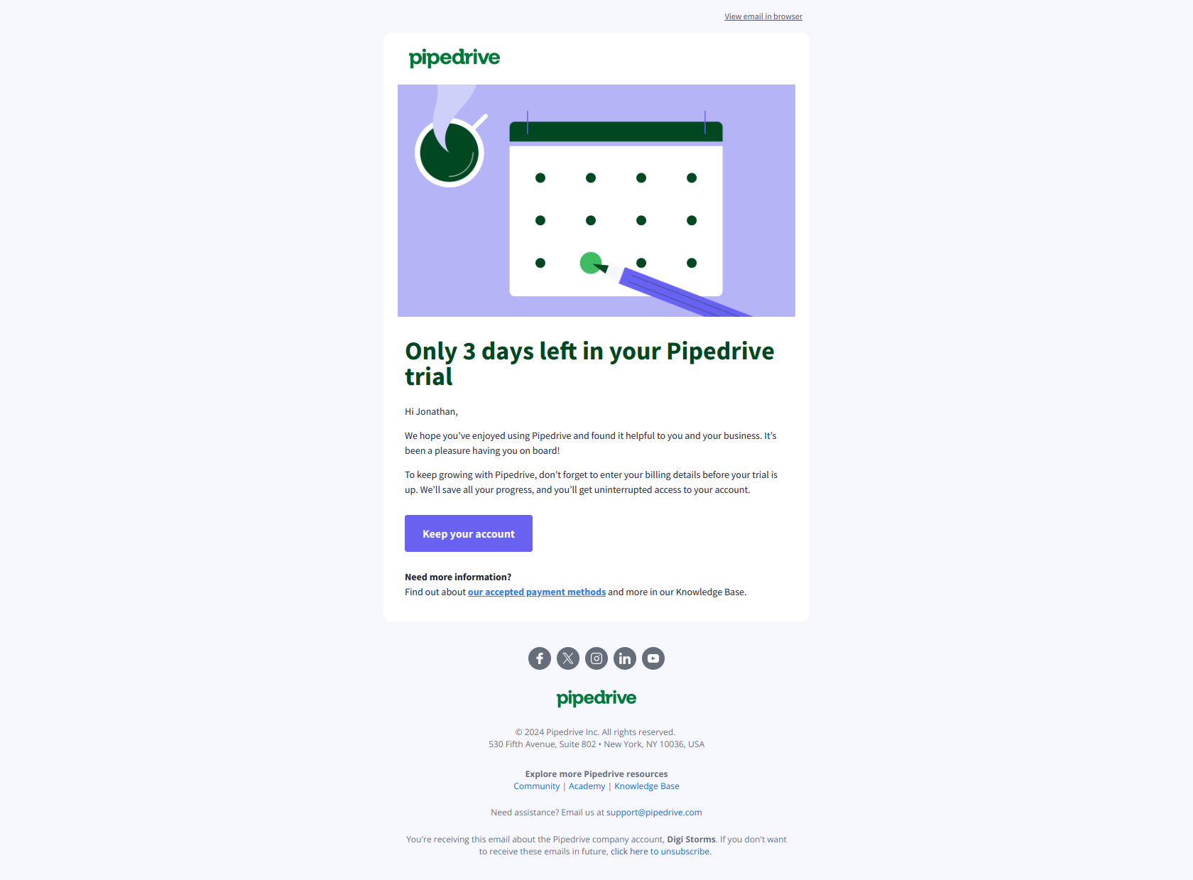 Want to keep your progress? — email screenshot from Pipedrive