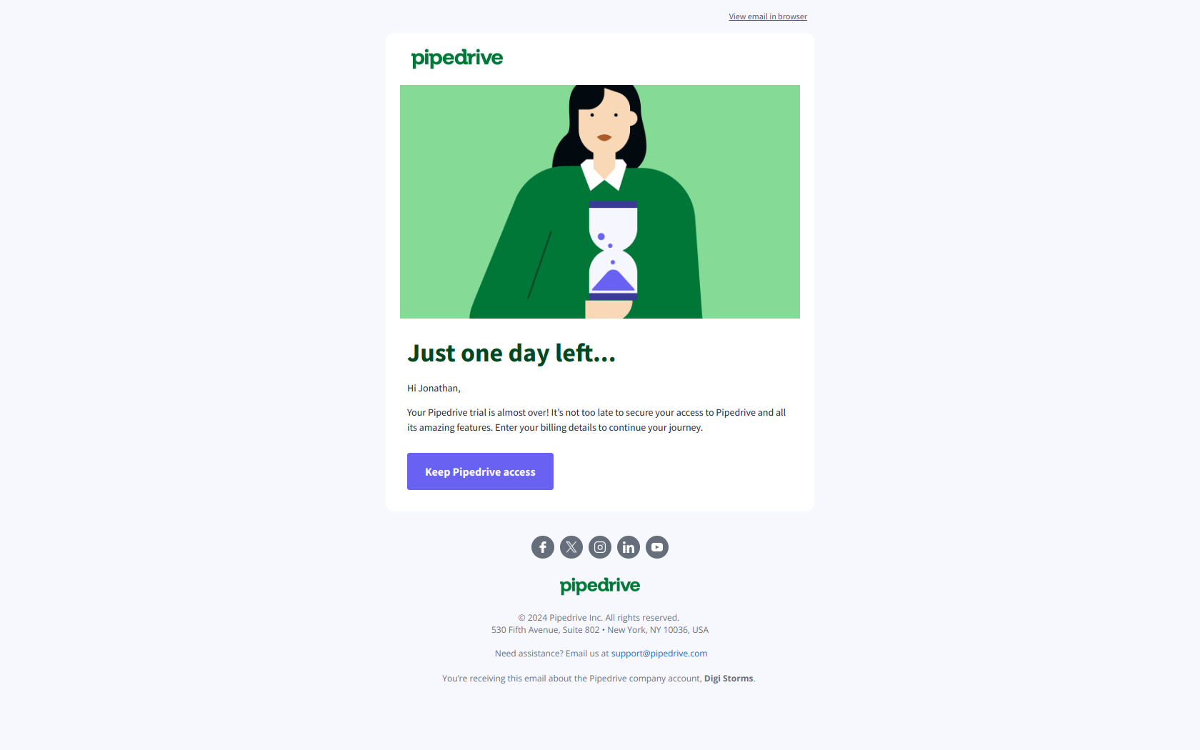Save your data and keep your account — email screenshot from Pipedrive