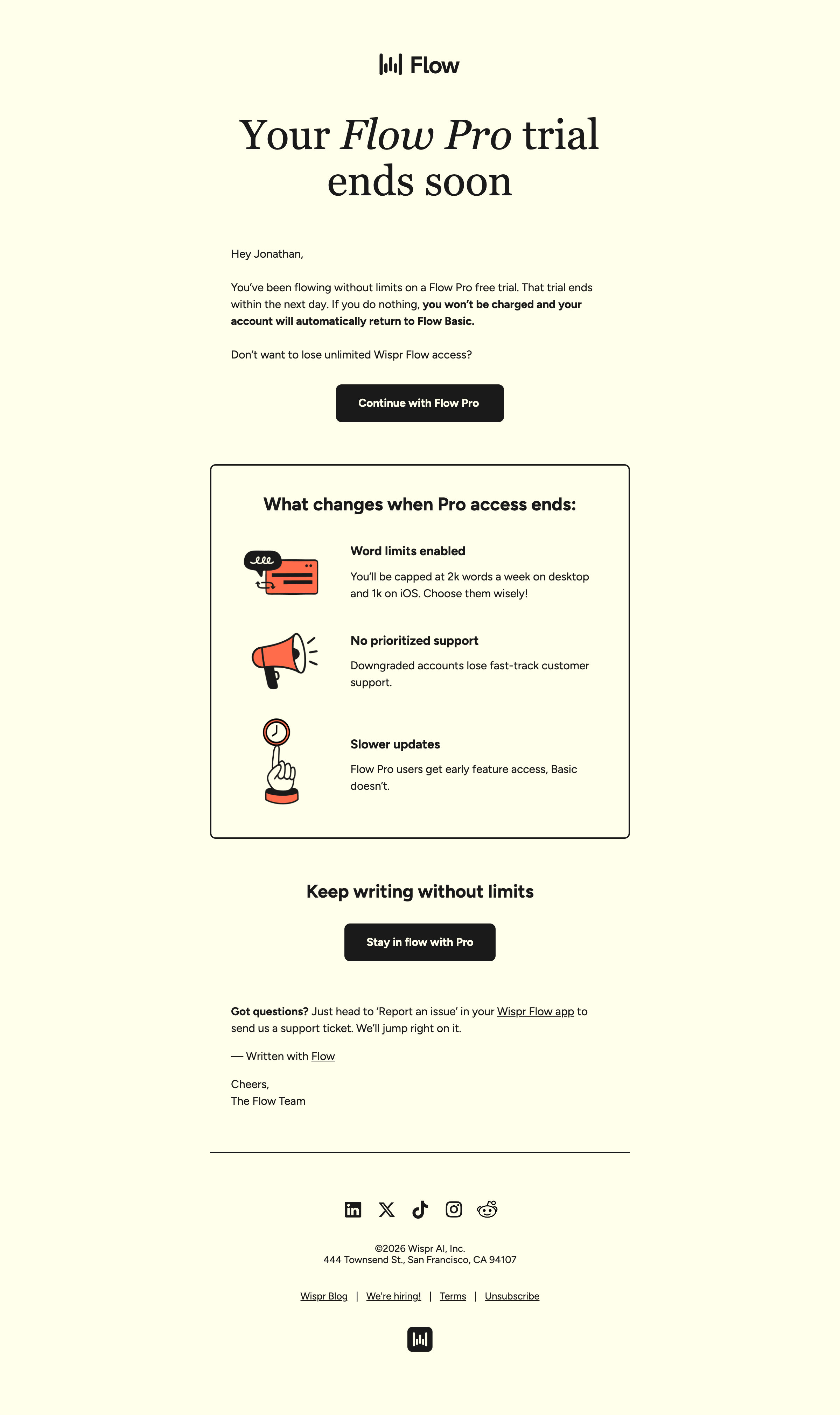 Your Flow Pro access ends soon ⏳ — email screenshot from Wispr Flow
