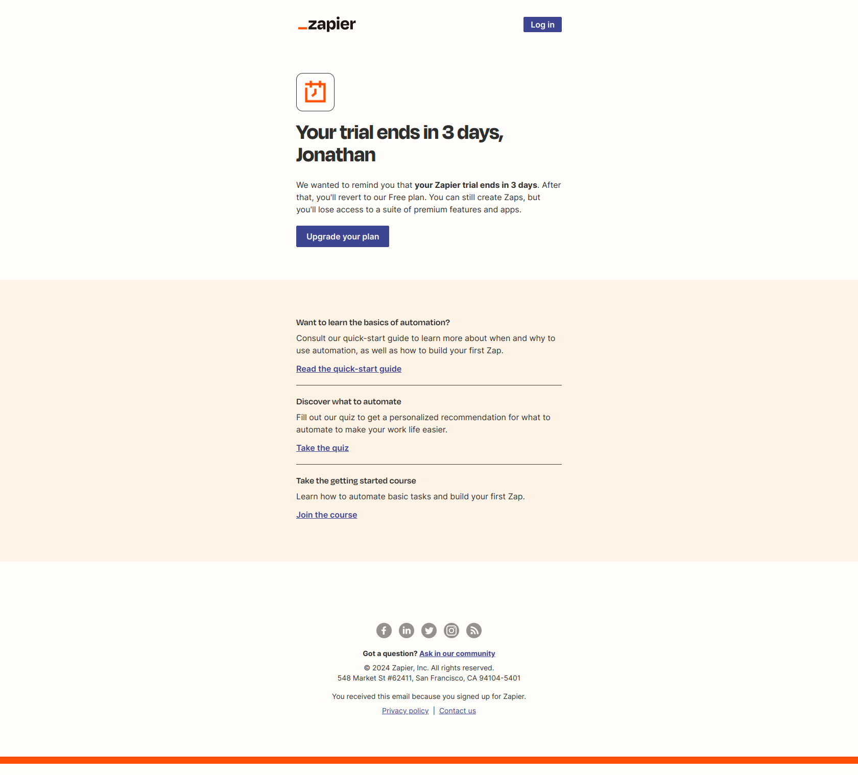 Your Zapier trial ends in 3 days ⏲️ — email screenshot from Zapier