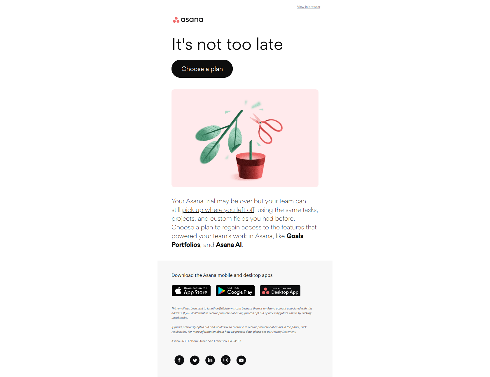 Your trial is done—but work isn’t — email screenshot from Asana
