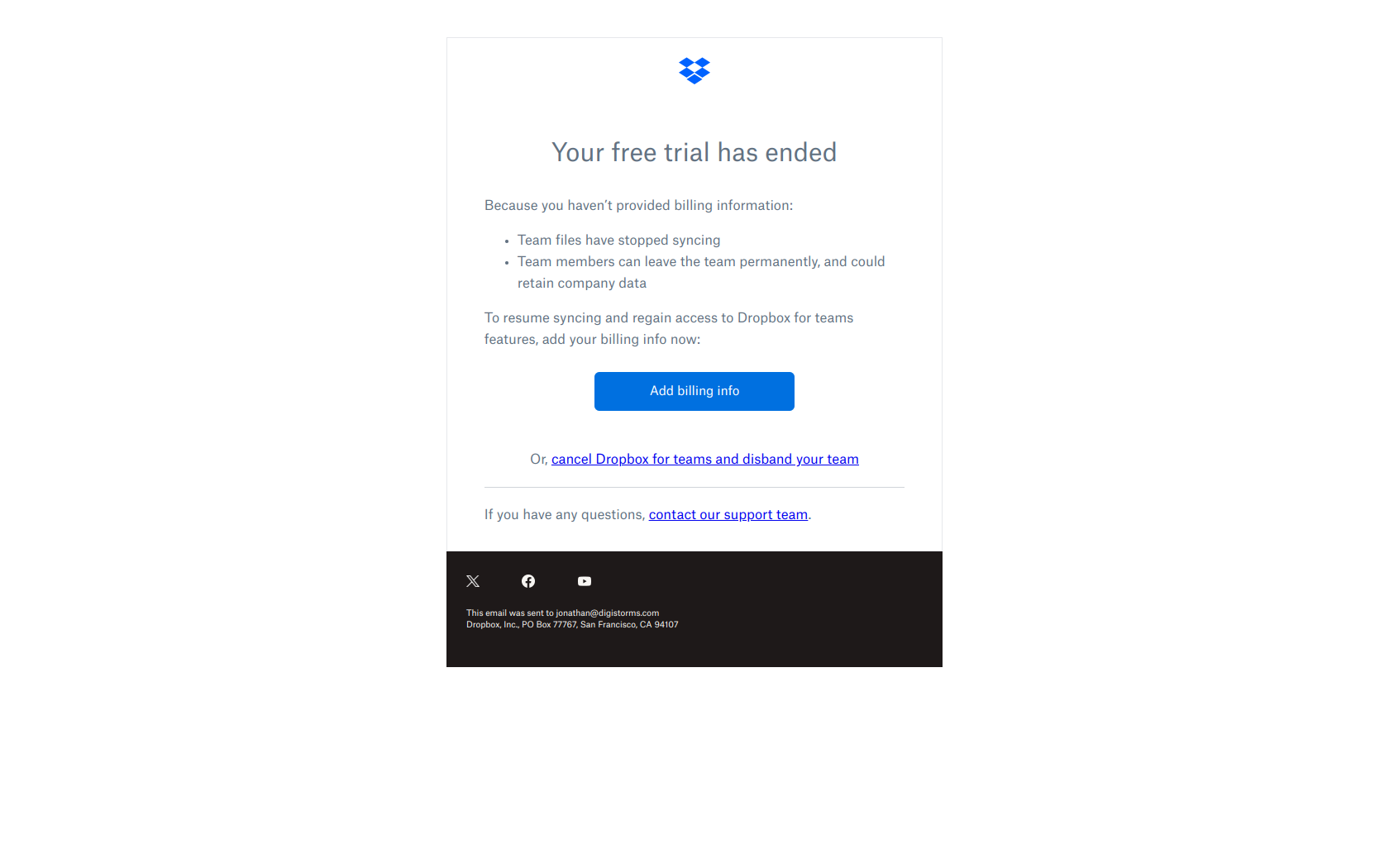 Your Dropbox for teams trial has ended — email screenshot from Dropbox