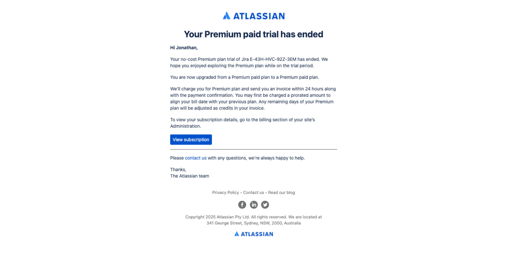 Your no-cost, trial period on Jira paid plan has ended — email screenshot from Jira