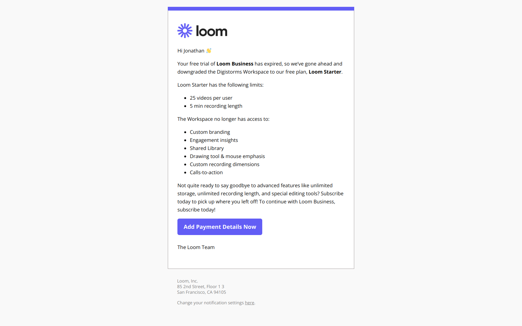 Digistorms has been downgraded to Loom Starter — email screenshot from Loom