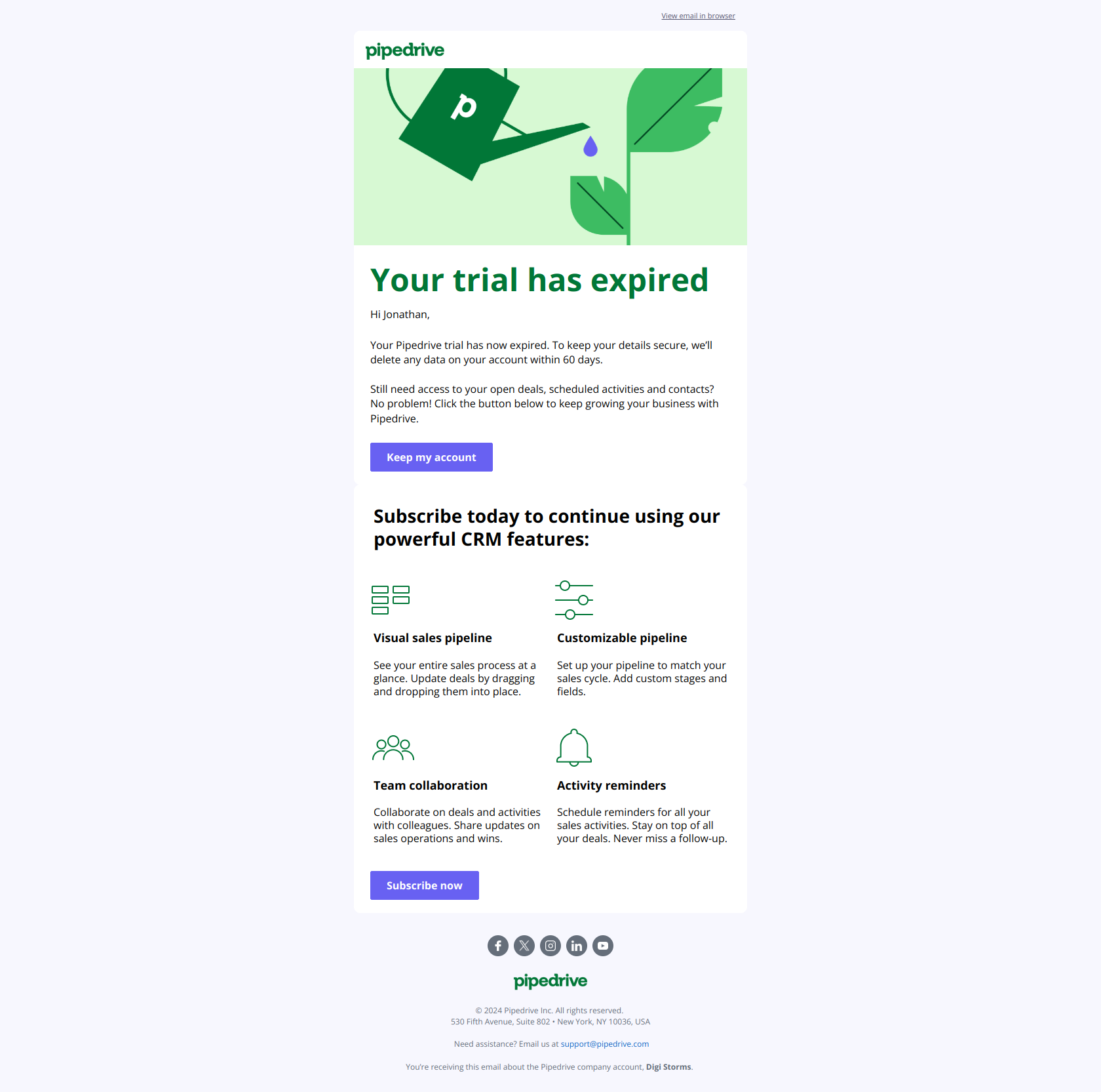 Keep growing your business with Pipedrive — email screenshot from Pipedrive