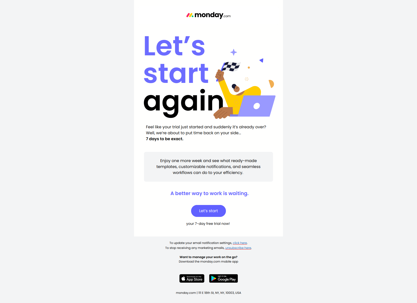 One more week of monday.com, on us — email screenshot from Monday