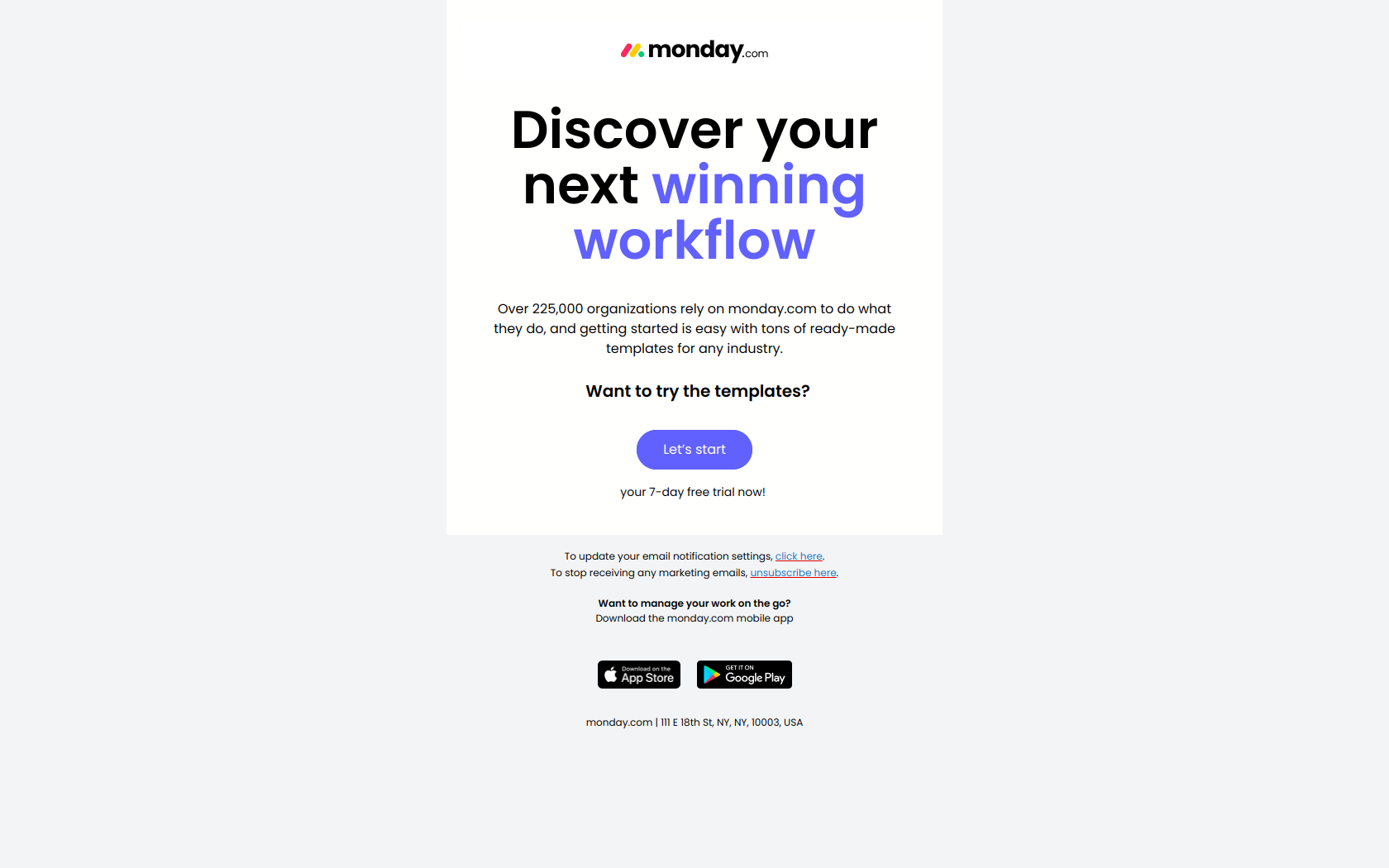 With 200+ templates at your fingertips, run any workflow in minutes — email screenshot from Monday