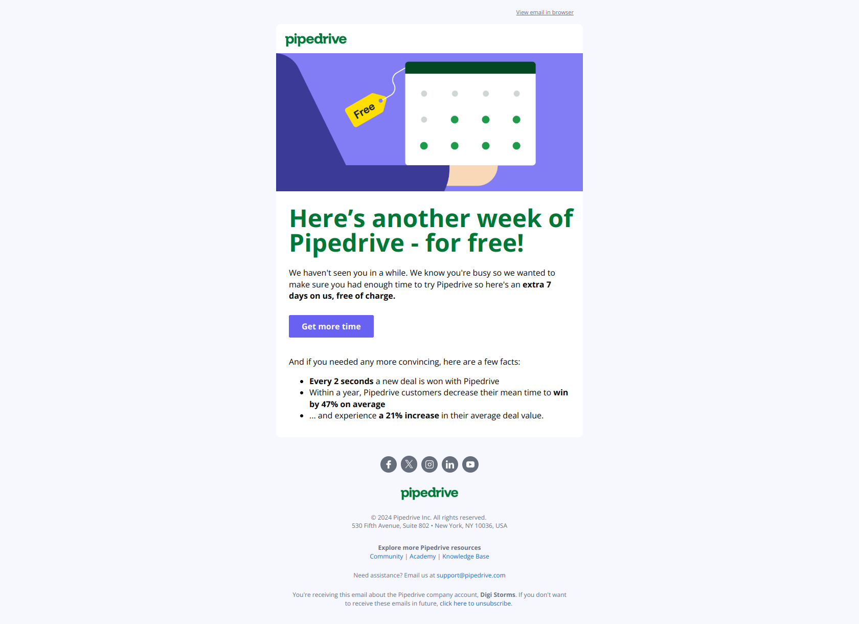 Re-engagement email example from Pipedrive trial extension