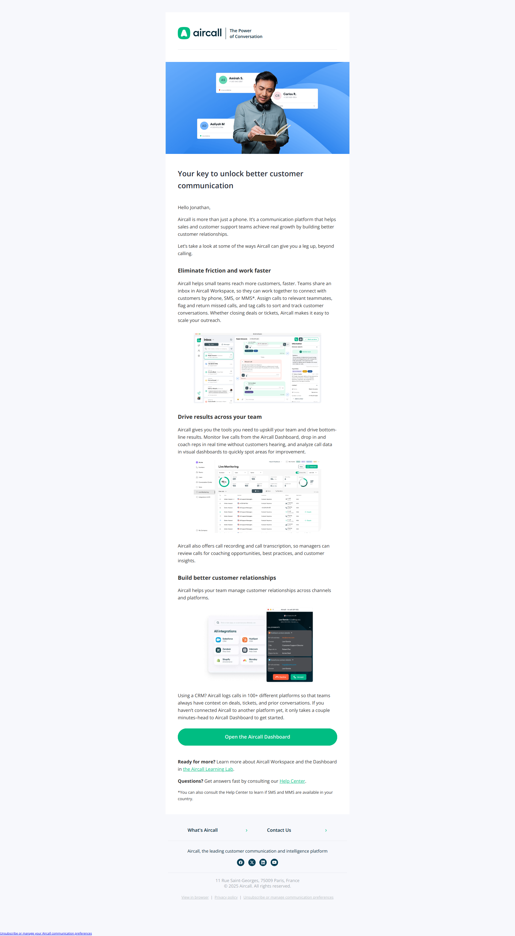 Jonathan, build better customer relationships with Aircall — email screenshot from Aircall