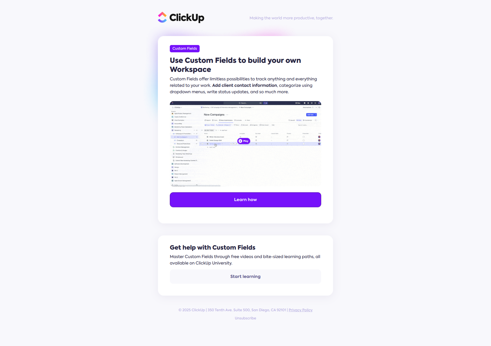 Personalize your workspace with Custom Fields — email screenshot from Clickup