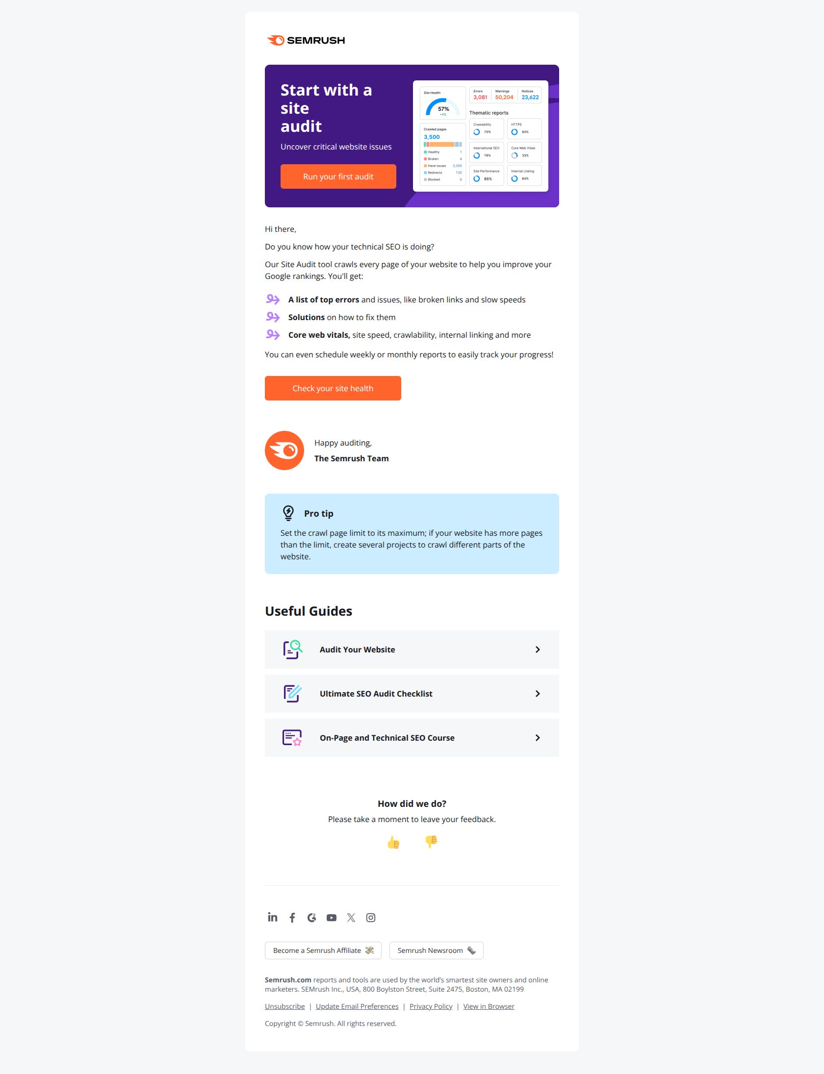 The first thing to do with your trial — email screenshot from SemRush