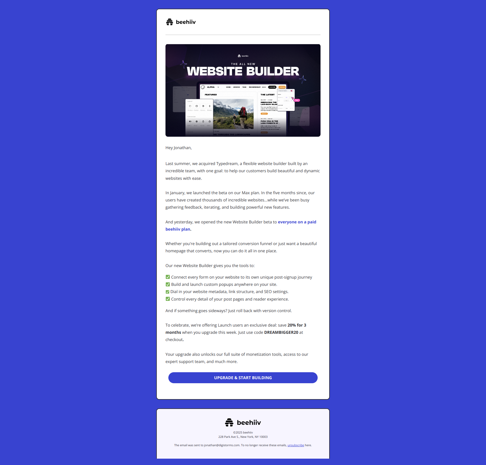 Customer retention email example from Beehiiv