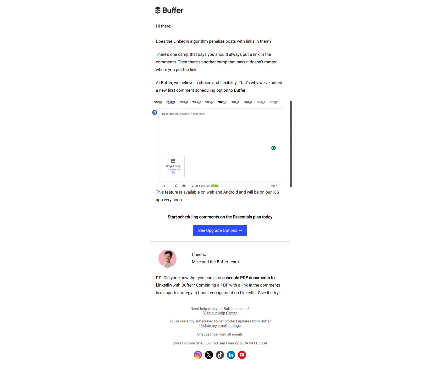 New! Schedule a first comment with your LinkedIn posts — email screenshot from Buffer