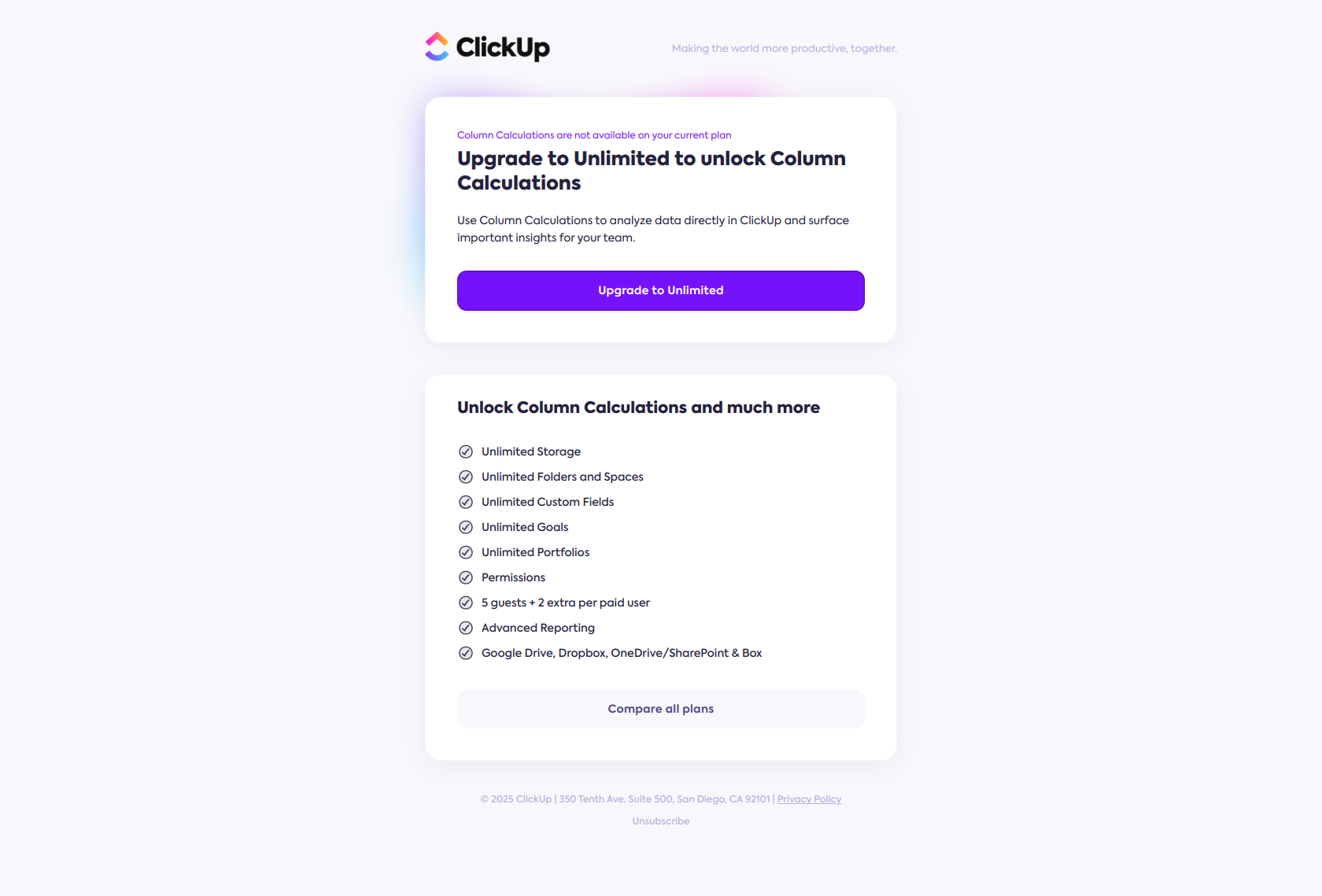 Unlock Column Calculations and supercharge your productivity! — email screenshot from Clickup