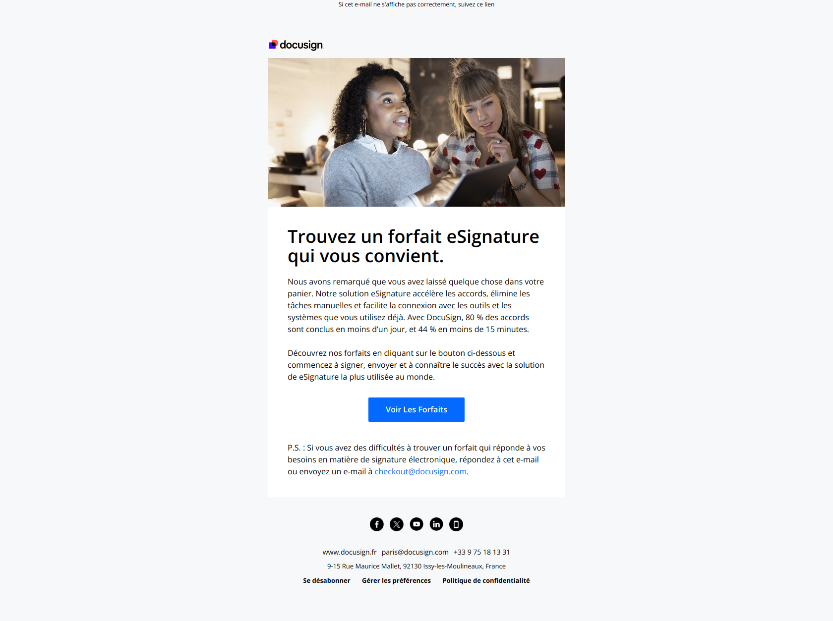 Vous avez oublié quelque chose dans votre panier? — email screenshot from Docusign