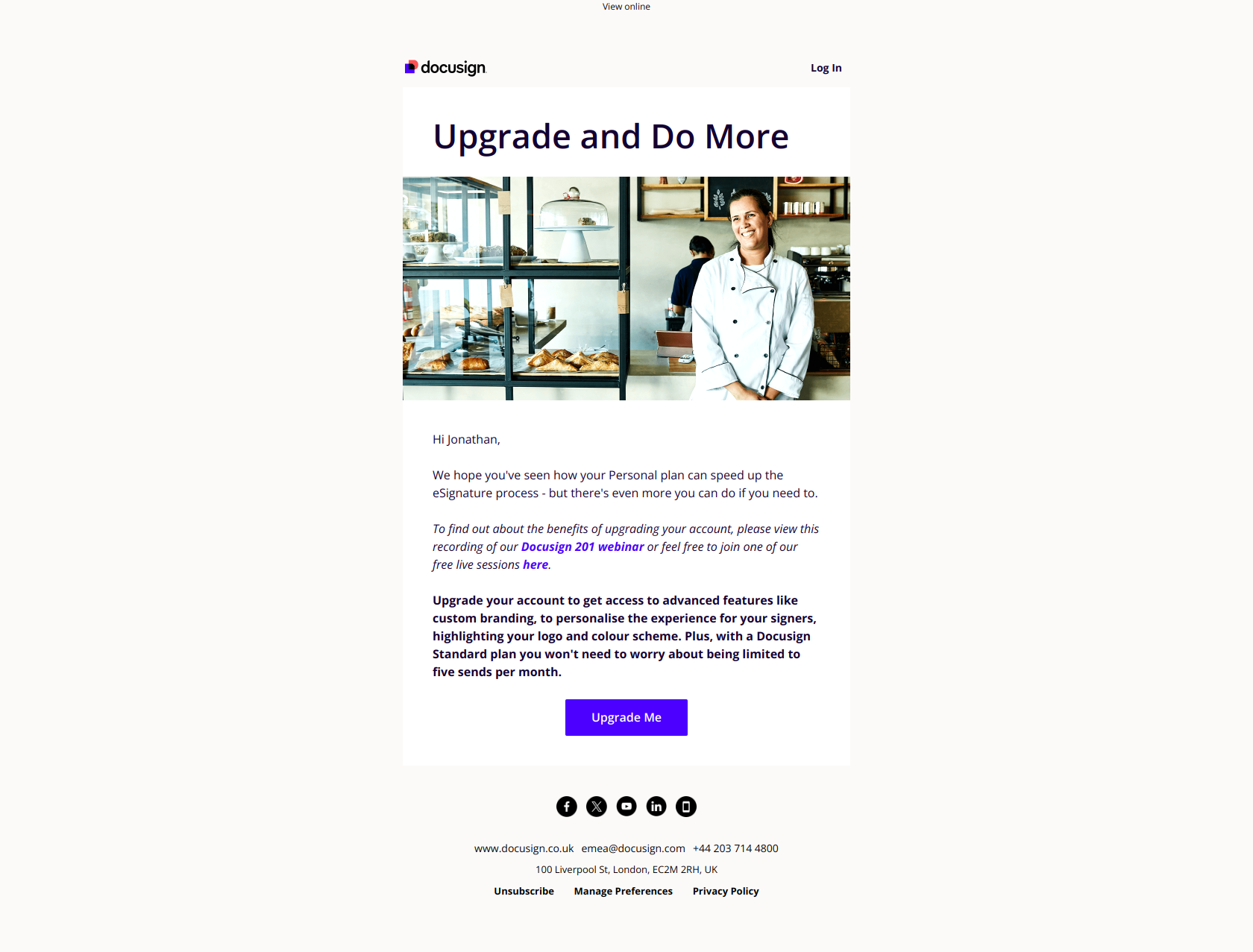 Upgrade your account to unlock more features — email screenshot from Docusign