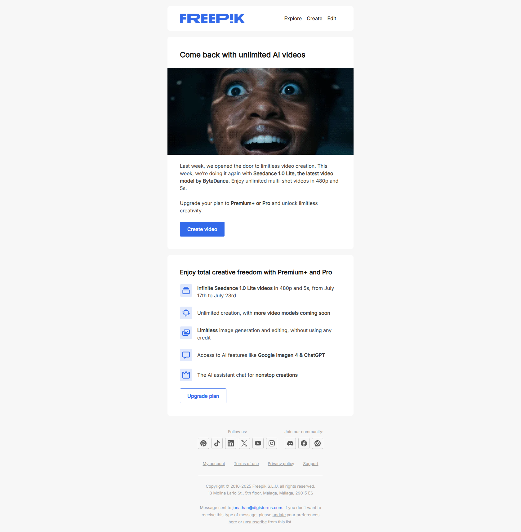 Unlimited AI videos with Premium+ and Pro — email screenshot from Freepik