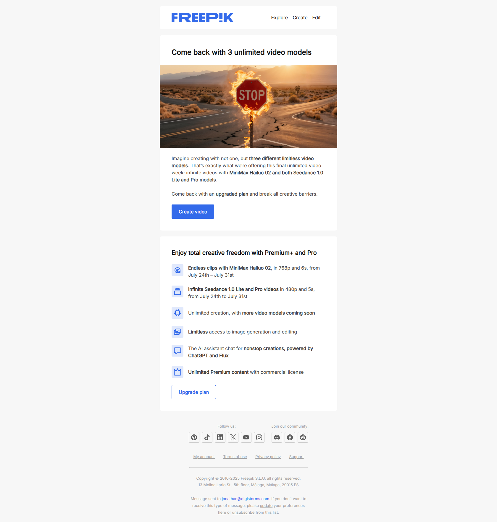Generate unlimited videos with MiniMax and Seedance 1.0 — email screenshot from Freepik