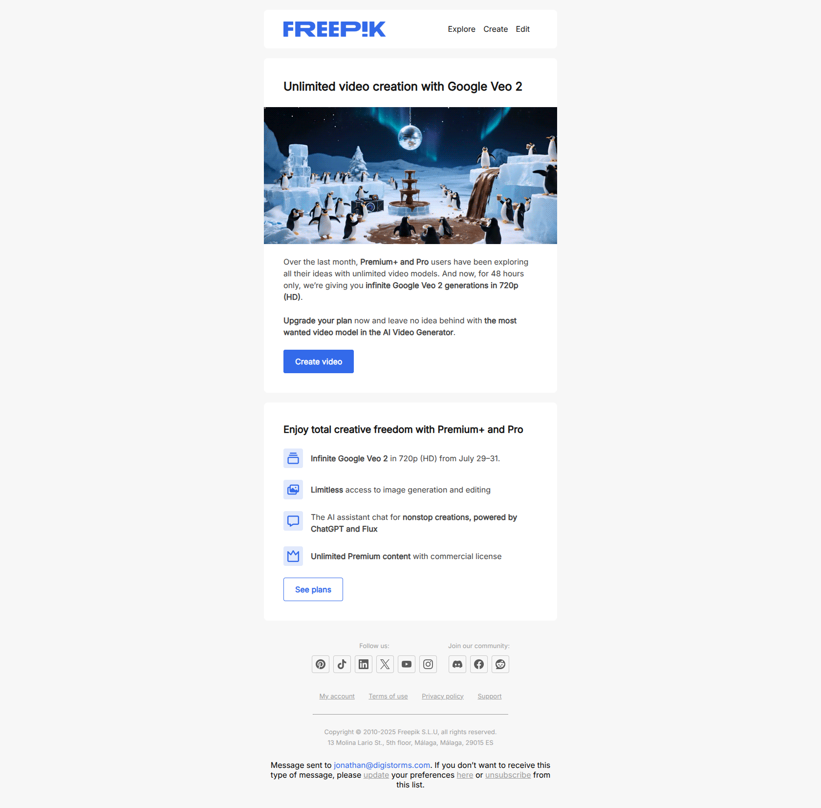 Explore any idea with unlimited Google Veo 2 videos — email screenshot from Freepik