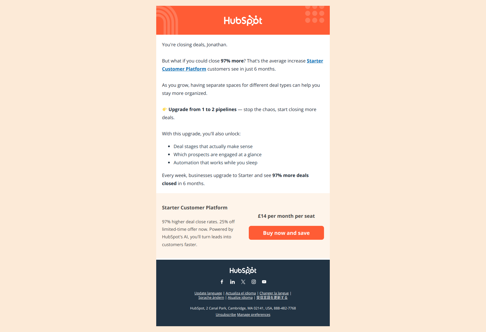 You've reached your pipeline limit — email screenshot from Hubspot